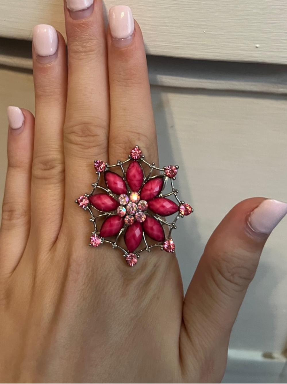 Adjustable Pink Floral Statement Ring - Women Jewelry